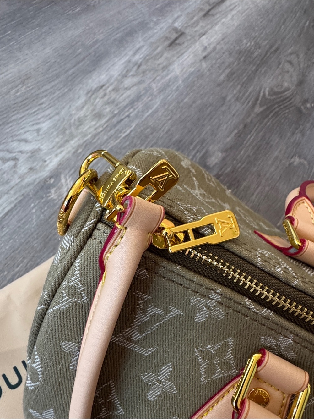 Source Unknown Olive Monogram Satchel with Natural Tan Handles - Picture 2 of 9